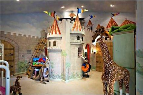 #Realtor.com Castle Playroom, Medieval Nursery, Foam Swords, Castle Mural, Kids Playroom Ideas, Stuffed Animal Bean Bag, Children Playground, Kids Castle, Fantasy Play