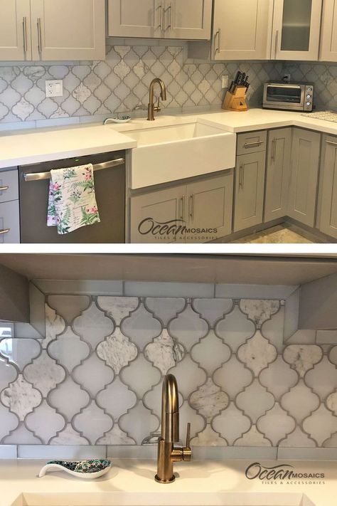 Color Grout, Arabesque Backsplash, Countertops And Backsplash, Lantern Tile, Countertops White, Copper Faucet, Countertop Ideas, Arabesque Tile, Luxury Tile