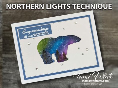 Northern Lights Tutorial, Northern Lights Card, Color Streaks, Ombre Background, Dark Images, Painting Art Lesson, September 16, Card Tutorial, Winter Cards