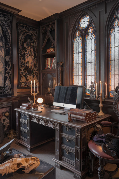 Astonishing Home Office Ideas Gothic Desk Ideas, Goth Office Ideas, Gothic Home Office, Gothic Office Decor, Gothic Office, Gothic Desk, Hollywood Apartment, Goth Office, Grim Dark