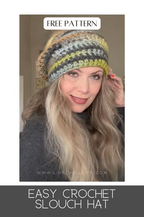 Learn to make this fast and easy crochet chunky slouch hat with a modest slouch style or a super slouch style.  Free pattern and video tutorial to help you get the result you want. Crochet Bulky Hat, Slouch Hat Pattern Free, Crochet Hat Free Pattern, Macrame Things, Chunky Crochet Hat, Slouch Hat Pattern, Slouch Hats, Crochet Slouch Hat, Hat Patterns Free