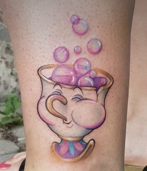 Outline and no outline Hand Tattoos For Women Disney, Disney Chip Tattoo, Disney Tattoo Ideas Female, Chip Tattoo Beauty And The Beast, A Goofy Movie Tattoo, Disney Shoulder Tattoo, Disney Character Tattoos Ideas, Disney Arm Tattoo, Mrs Potts Tattoo