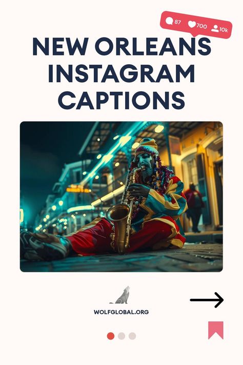 Street musician in colorful attire playing saxophone in New Orleans at night.
Graphic checklist with New Orleans themed achievements and a 'Get 100+ more' button.
Advertisement for an Instagram engagement pod with a happy woman using a laptop. Pirate Captions Instagram, New Orleans Captions Instagram, Clown Captions Instagram, New Orleans Sayings, Beyonce Lyrics For Instagram Captions, Creole Cottage, Jackson Square, Jazz Fest, Bourbon Street