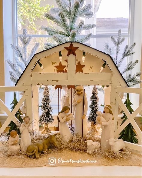 Willow Tree Nativity scene set in white barn from Hobby Lobby Nativity Sets Display, Willow Tree Nativity Set, Christmas Nativity Scene Display, Nativity Scene Display, Willow Tree Nativity, Diy Centerpiece, Diy Nativity, Flocked Trees, Meet New Friends