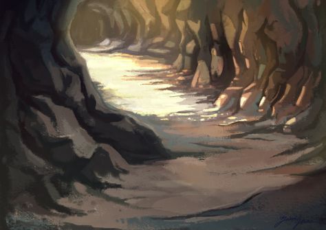 Cave Forest Concept Art, Cave Scenery Art, Cave Background Art, Cave Interior Concept Art, Cave Art Drawing, Cave Drawing Reference, Cave Digital Art, Cave Sketch, Cave Reference