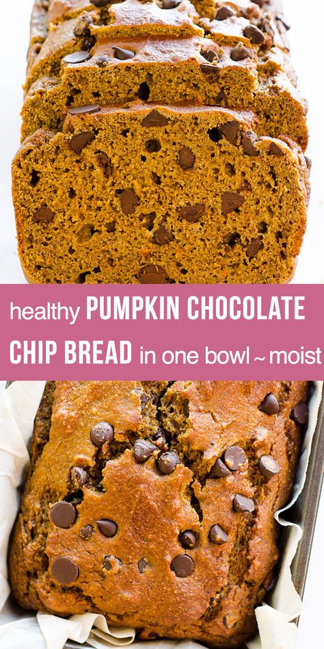 Pumpkin Bread Starbucks Copycat, Chocolate Chip Bread Recipe, Canned Pumpkin Recipes, Healthy Pumpkin Bread, Baking List, Hey Pumpkin, Pumpkin Recipes Healthy, Chocolate Chip Bread, Pumpkin Chocolate Chip Bread