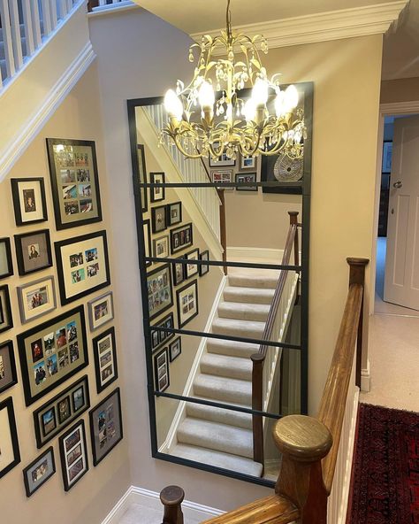 Large mirror wall mounted to enhance and reflect our clients stairway landing area. Viewed from three stairway points it certainly opened… | Instagram Up Stairs Hallway Decor, Tall Ceiling Stairway Decor, Mirror Wall Decor Stairs, Mirror Above Stairs, Mirror Wall Staircase, Mirrors On Staircase Wall, Staircase Mirror Ideas, Mirror Stairway Wall, Large Stairway Wall Decor