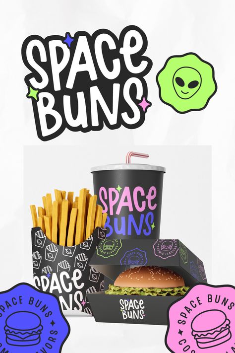 My branding project for Space Buns, an interstellar burger restaurant with a galactic theme and vibrant colors to express the fun flavors this brand brings to the table. Burger Branding Design, Space Burger, Burger Branding, Space Food, Pizza Logo, Cereal Bar, Space Buns, Burger Restaurant, Food Branding