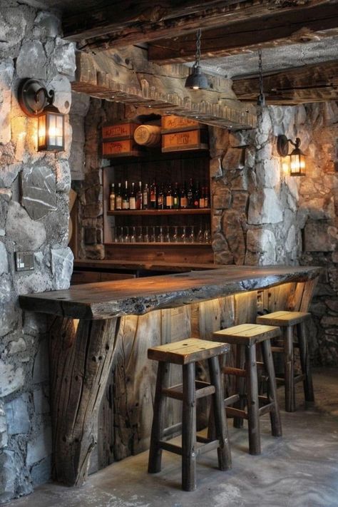 Cabin Gameroom, Bar Area Design, Rustic Outdoor Bar, Wooden House Plans, Bar Design Ideas, Game Room Ideas, Basement Bar Design, Western Bar, Basement Bar Ideas