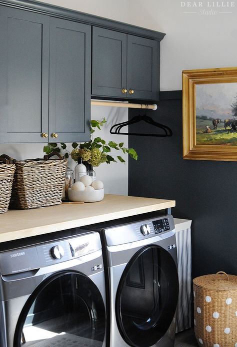 Adding Shaker Pegs and A Counter to Our Laundry Room - Dear Lillie Studio Laundry Room Design Blue Cabinets, Laundry Room Shelves And Cabinets, Dark Blue Laundry Room Walls, Add Cabinets To Laundry Room, Small Laundry Room Dark Paint, Slate Blue Laundry Room, Moody Blue Laundry Room, Laundry Color Palette, Laundry Room Blue Walls