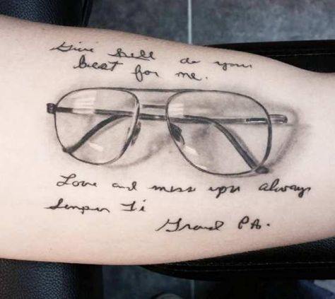 Black and grey realistic tattoo style of Glasses motive done by tattoo artist Jacob Sheffield Eyeglasses Tattoo Ideas, Reading Glasses Tattoo, Eyeglass Tattoo, Eye Glasses Tattoo, Old Man Glasses, Grandpa Tattoo, Glasses Tattoo, Framed Tattoo, Realistic Tattoo