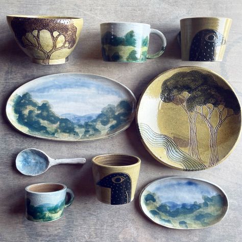 Eclectic flay lay of Mountain Clay pottery ceramics Landscape Ceramics, Bird Ceramics, Glaze Ceramics, Functional Pottery, Mountain Paintings, Clay Ceramics, Pottery Painting, Pottery Art, Stoneware