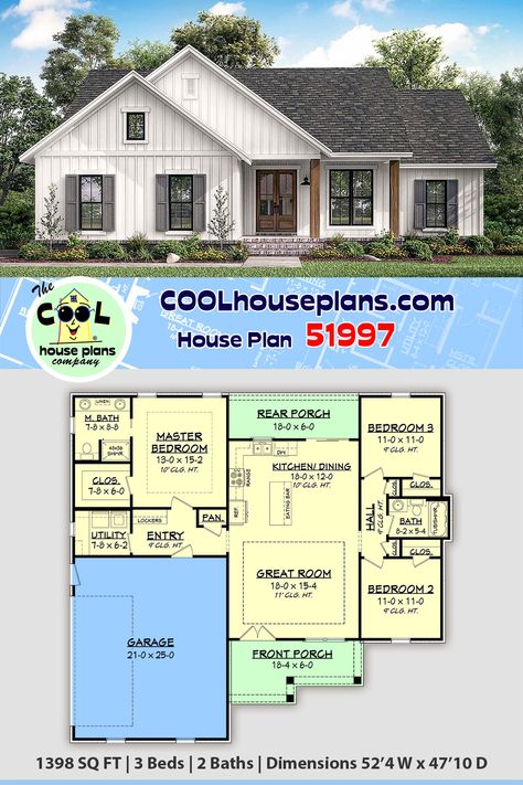 Small country house plan with 1398 sq ft. This three-bed and two bath layout offers a one floor or 1 story house design on a slab or crawlspace foundation. The split bedroom design offers privacy for the master suite and the covered rear porch provides an area to sit and relax. Garage will fit two average size cars and enters close to the kitchen. The plan is simple in design and construction cost would be affordable within in its respective square footage range.  1 story country home floor plan One Story Three Bedroom House Plans, 11x11 Bedroom Layout, Small House With Garage, Small Country House Plans, Small Country House, Slab House, Small Country Homes, Small Home Plan, Affordable House Plans