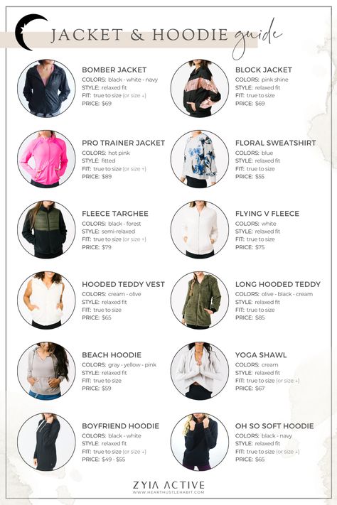 ZYIΛ ΛCTIVE ≫ Jacket & Hoodie Guide Types Of Sweaters Chart, Zyia Party Posts, Zyia Activewear Outfits, Styling Joggers, Get Rid Of Saggy Skin, Fashion Styles Types, Activewear Details, Activewear Pattern, Zyia Activewear