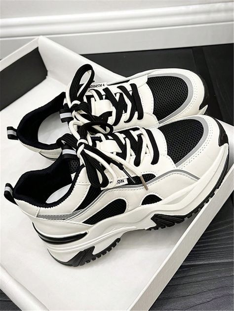 Black and White Collar Embellished Women Shoes Shoes For Women Black And White, Cute Black And White Shoes, Cute Shoes For Women Sneakers, Black And White Shoes Aesthetic, Black And White Shoes Women, Tomboy Shoes, Y2k Trainers, Shoes For Girls Sneakers, Big Sneakers