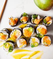 Sushi With Mango, Mango Sushi Roll, Mango Sushi, Shrimp Sushi, Mango Sauce, Tempura Batter, Shrimp Tempura, Mango Puree, How To Make Sushi