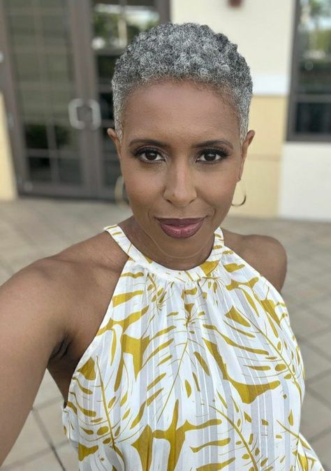 Grey Afro Hair Short Hairstyles, Silver Twa Natural Hair, Short Grey Haircuts Over 50 Silver Hair, Short Salt And Pepper Hair Black Women, Short Grey Hair Black Women, Natural Gray Hair Over 50 Black Women, Gray Hair Short, Short Platinum Hair, Natural Haircuts