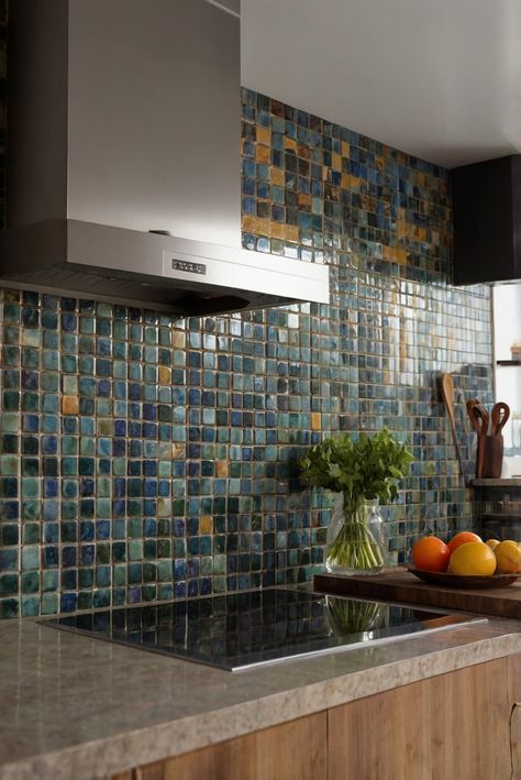 kitchen backsplash tile ideas, colorful backsplash tiles, backsplash tile design, tile backsplash patterns Fun Countertop Ideas, Multi Color Tile, Shared Home Office, Colored Tiles, Light Oak Floors, Colorful Backsplash, Bold Kitchen, A Daily Routine, Countertop Colours