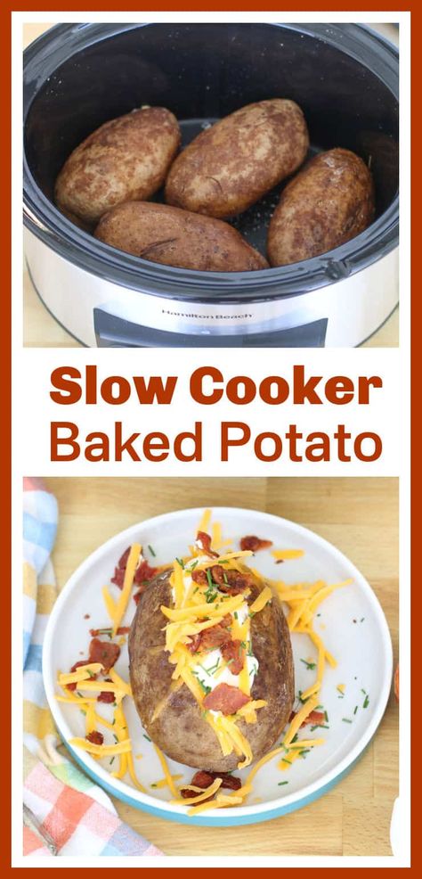 Follow these easy steps to make fluffy, fork tender slow cooker baked potatoes. Using the slow cooker is helpful for freeing oven space to bake other dishes. This method is also perfect for cooking on hot days when you do not want the oven heating your house. Crowd Potatoes, Crockpot Baked Potatoes, Crock Pot Baked Potatoes, Baked Potato Bar, Potatoes Baked, Slow Cooker Baking, Making Baked Potatoes, Crock Pot Potatoes, Baked Potato Recipes