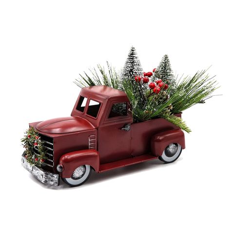 PRICES MAY VARY. Length:12 inches (30cm / 1ft). Weight: about 2 pounds. This medium size vintage red truck decor is suitable for home indoor, such as: dinning table centerpiece, mantel top, shelves, stroage, bedside table,etc... Christmas trees, pinecones, red berries fill the back of the truck. Mini Christmas wreath hanging from the truck head. Realistic artificial snowflake cover on the truck's fillers, create a strong snowy Christmas atmosphere. The product is made by metal and polyethylene, Vintage Red Truck Decor, Vintage Truck Christmas, Crate Decor, Christmas Table Centerpiece, Red Truck Decor, Christmas Tree Red, Flocked Christmas Tree, Red Truck Christmas, Farmhouse Centerpiece