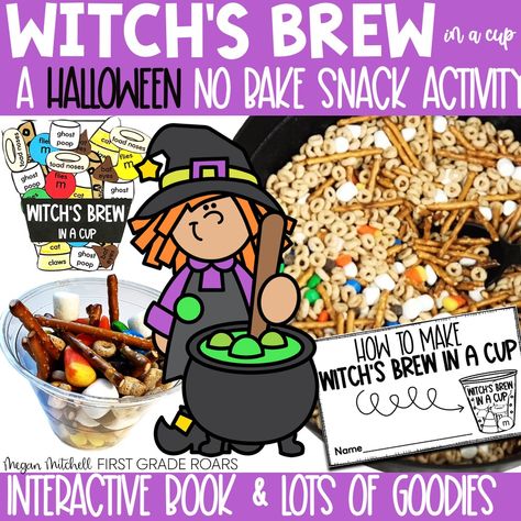 Halloween Treat Classroom, Witches Brew Snack Mix Recipe, 2nd Grade Halloween Party Craft, Witch Writing Ideas, Witches Brew Snack Mix For Kids, Halloween Class Party Ideas Kindergarten, Halloween Party Ideas Preschool, Halloween Classroom Activities, Main Idea And Details