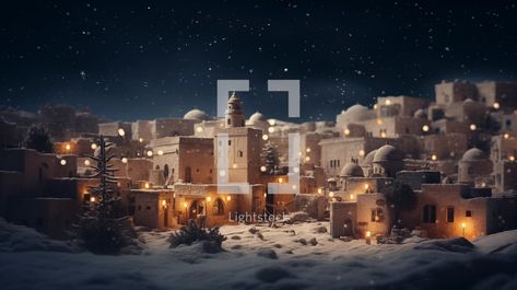 Night model of the little town of Bethlehem on Christmas. Little Town Of Bethlehem, Mountain Summer, Women Church, Jesus Bible, Bethlehem, Holiday Travel, Texture Art, Night Skies, Fireworks