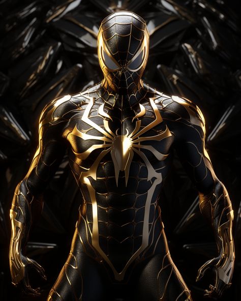 Black And Gold Spiderman, Gold And Black Suit, Gold Spiderman, Black Digital Art, Sterling Archer, Spiderman Comic Art, Marvel Statues, Spiderman Suits, Marvel Superheroes Art