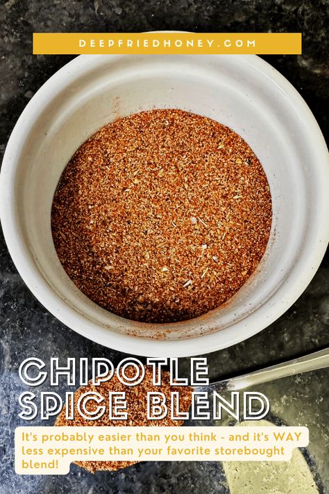 This Chipotle Spice Blend is a homemade seasoning comprised of 10 spices. You'll want to make a big batch and keep it on hand! #deepfriedhoney #recipes #spicerub #spiceblend #seasoning Homemade Chipotle Seasoning, Chipotle Spice Recipe, Chorizo Seasoning Blend, Chili Spice Mix Recipe, Chipotle Dry Rub Recipe, Spices For Chili Seasoning Mixes, Chipotle Seasoning Recipe, Mexican Spices Blend, Southwest Seasoning Blend