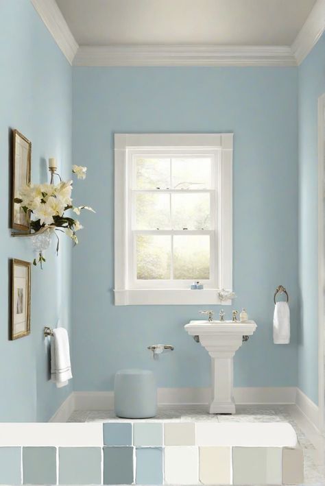 bathroom wall color, bathroom paint ideas, bathroom color schemes,best bathroom paint Sw Languid Blue, Languid Blue, Bathroom Wall Paint, Bathroom 2024, Blue Painted Walls, Sage Green Kitchen, Green Kitchen Cabinets, Favorite Paint Colors, Green Cabinets