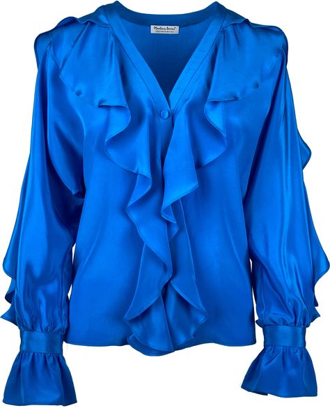 Shirt-style silk blouse Silk Styles, Bohemian Blue Silk Blouse Piece, Blue Silk Evening Blouse, Luxury Blue Art Silk Blouse, Chic Blue Silk Blouse, Fitted Blue Silk Blouse, Leopard Skirt, Exclusive Clothing, Elegant Blouses