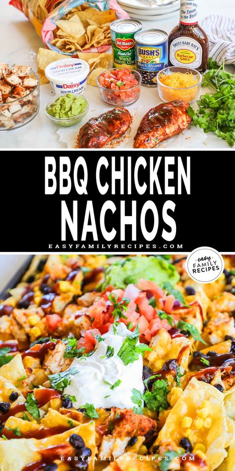 These loaded BBQ chicken nachos are a sheet pan recipe that feeds a hungry crowd! With BBQ chicken, black beans, corn, and cheddar plus toppings like sour cream, guacamole, and your favorite salsa. These BBQ chicken nachos are so tasty and everyone loves them! This easy recipe for barbecue chicken nachos comes together in just 20 minutes, and is the perfect way to stretch chicken leftovers. Sheet Pan Bbq Chicken Nachos, Sheet Pan Chicken Nachos Recipe, Bbq Nachos Recipe Chicken, Nachos Recipe Chicken, Chicken Sheet Pan Nachos, Barbecue Chicken Nachos, Bbq Nachos Recipe, Bbq Chicken Nachos Recipe, Chicken Leftovers