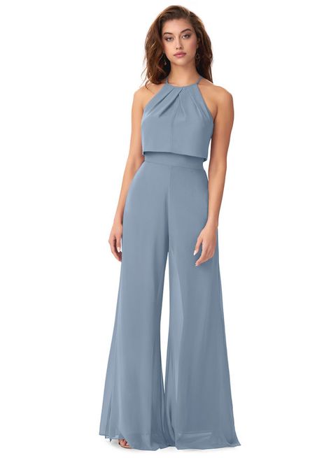 Shop Azazie Bridesmaid Dress - Azazie Kenzi in Chiffon. Find the perfect made-to-order bridesmaid dresses for your bridal party in your favorite color, style and fabric at Azazie. Jumpsuit Bridesmaid Dresses, Jumpsuit Bridesmaid, Steel Grey Bridesmaid Dress, Pleated Crop Top, Bridesmaids Jumpsuits, Bridesmaid Dresses Azazie, Chiffon Jumpsuit, Dusty Blue Bridesmaid Dresses, Azazie Bridesmaid Dresses