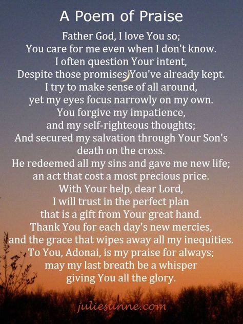 When we reflect on the goodness of the Lord, it brings our daily challenges into perspective. Need a little prompt to help you focus on the brighter side of things? Here's a poem of praise I composed some time ago. Maybe it'll help.   #poem #praise #prayer Poem About Overcoming Obstacles, The Day God Took You Home Poem, Praise Poems, Sunrise Poems, Poem About God, My Symphony Poem, The Goodness Of The Lord, Poem Ideas, New Mercies