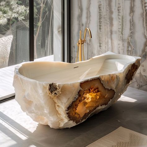 Indulge in luxury with the Geotub: a stunning bathtub crafted from a single geode, blending nature's beauty with modern comfort. Sink into relaxation as the softly glowing crystals and vibrant hues envelop you in tranquility. Conceptual AI Art Follow @ecosapiens for more! Geode Bathtub, Odd Furniture, Parametric Furniture, Beautiful Bathtubs, Hotel Beach, Wonderland Artwork, Dream Apartment Decor, Whimsical Home, Concrete Art