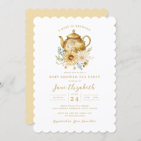 Sunflower Tea Party, Sunflower Tea, Sunflower Baby Shower Invitations, Floral Tea Party, Sunflower Baby Shower, A Baby Is Brewing, Sunflower Baby Showers, Baby Is Brewing, Tea Party Invitations