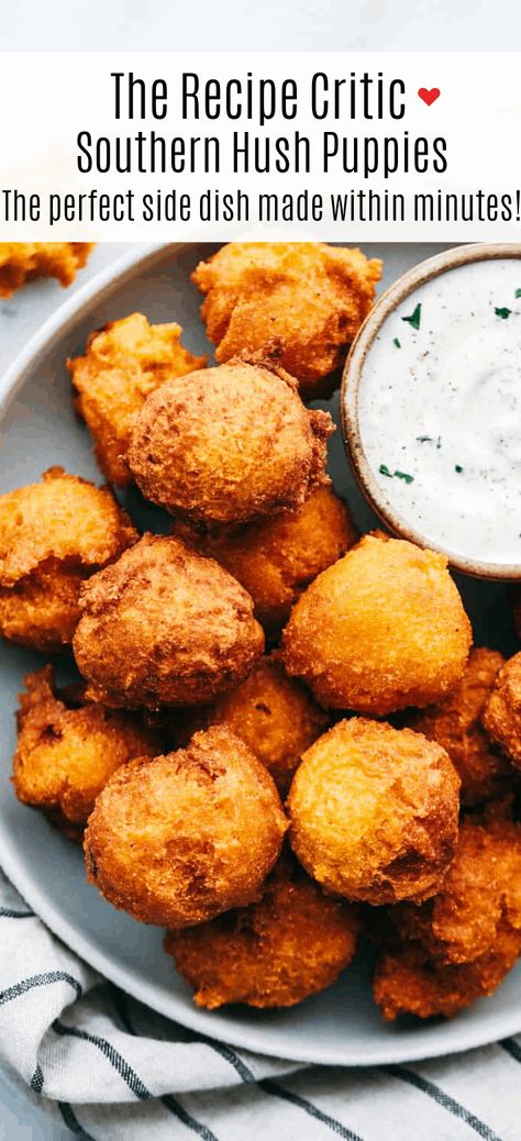 Things To Make With Cornmeal, Homemade Southern Recipes, Southern Comfort Meals, Fried Appetizer Recipes, Authentic Southern Recipes, Hush Puppies Recipe Southern, Country Side Dishes, Fried Side Dishes, Homecooked Meals Southern