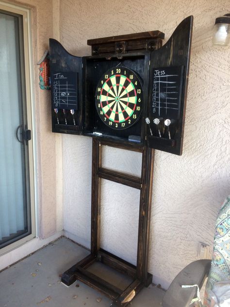 Updated Dart Board Cabinet Stand Mobile Dart Board Stand, Free Standing Dart Board Stand Diy, Outdoor Dart Board Stand, Portable Dart Board Stand Diy, Dart Board Stand Diy, Diy Dart Board Cabinet, Diy Dart Board Backing, Outdoor Dart Board Ideas, Dart Board Stand