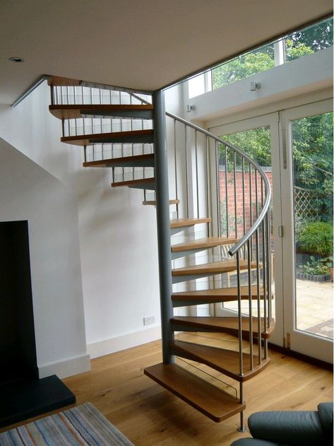 Circle Stairs Design, Circle Staircase, Modern Spiral Staircase, Steel Spiral Staircase, Circle Stairs, Small Space Staircase, Steel Stair Railing, Space Saving Staircase, Spiral Stairs Design