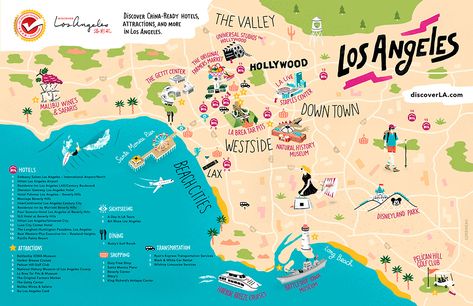 Los Angeles Tourism - Antoine Corbineau • Illustration & Design Los Angeles Tourist Map, La Tourist Attractions, Los Angeles Tourist Attractions, Malibu Wine Safari, Los Angeles Attractions, Los Angeles Map, Los Angeles Neighborhoods, Tourism Poster, Los Angeles Travel