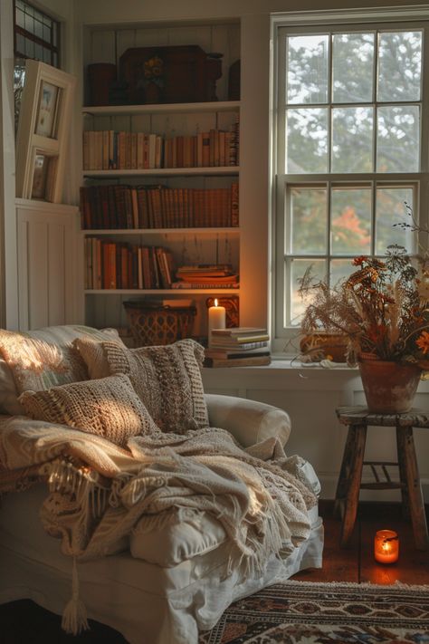 Rustic Reading Room Ideas, Homey Fall Decor, Minimal Cottage Decor, Farmhouse Vibes Aesthetic, Cottage Reading Corner, Tea Room In House, Cottage Rustic Living Room, Cozy Country Living Room Cottage Style, Sitting Room Ideas Cozy Reading Nooks