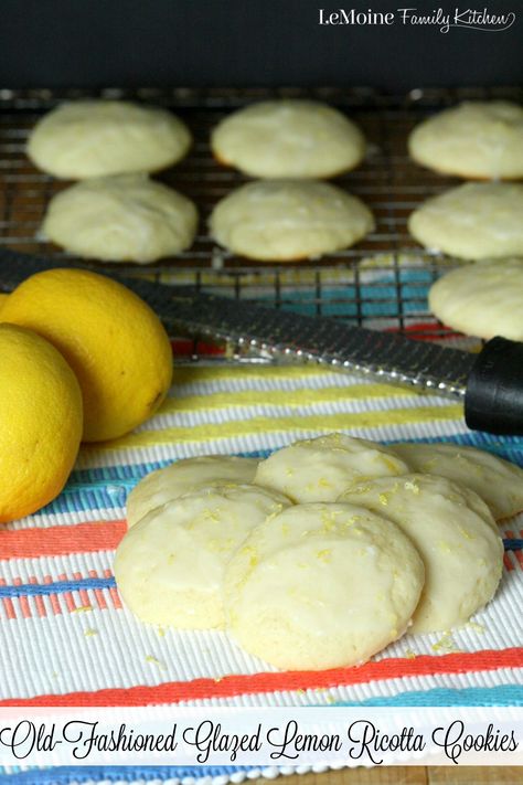 Old-Fashioned Glazed Lemon Ricotta Cookies | LeMoine Family Kitchen . A light, soft, pillowy cookie with a refreshing lemon glaze. These cookies are just heavenly. #FreakyFriday Lemon Meltaway Cookies, Lemon Ricotta Cookies, Meltaway Cookies, Ricotta Cookies, Lemon Cookies Recipes, Lemon Glaze, Lemon Ricotta, Cookie Swap, Cookie Calories