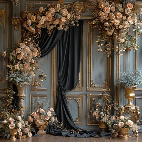 @aftielaiart | "Where time pauses, and beauty unfurls in every corner—welcome to the eternal bloom of an abandoned ballroom. 🥀🖤 #vintagecharm... | Instagram Wedding Corner Decoration, Victorian Party Decor, Halloween Installation, Photo Corner, Indoor Wedding Backdrop Ideas, Bridgerton Decor, Debut Backdrop, Victorian Wedding Decor, Victorian Party