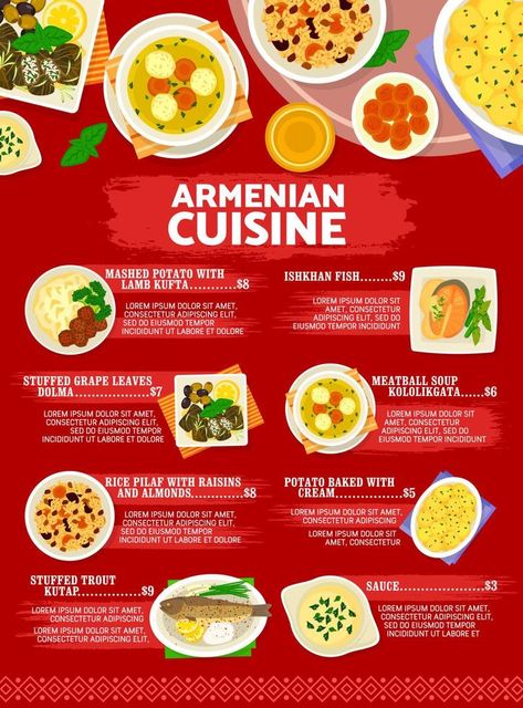 Armenian cuisine menu traditional food dishes meal Armenian Food, Stuffed Grape Leaves, Armenian Recipes, Recipe Icon, Food Ad, Meatball Soup, Rice Pilaf, World Party, Coffee Cocktails