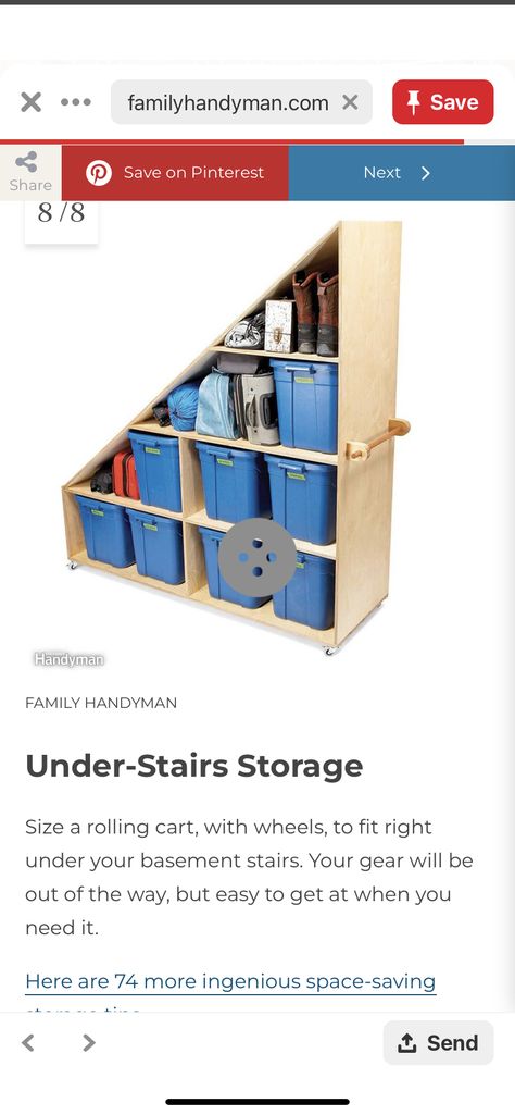 Under Stairs Roll Out Storage, Under Stair Garage Storage, Under Basement Stairs, Hiding Storage, Basement Closet, Closet Under Stairs, Rolling Shelves, Basement Reno, Stairs Ideas