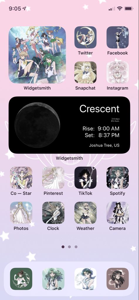 Sailor Moon Phone Layout, Sailor Moon Iphone Theme, Sailor Moon Themed Phone, Sailor Moon Home Screen, Moon Homescreen, Moon Widget, Moon Wallpapers, Ios Widgets, Photo Clock