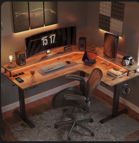 Rustic Pc Setup, Home Office Setup L Shaped Desk, Home Office Lighting Design, Tech Desk Setup Home Office, Office Standing Desks, Secretlab Magnus Desk, L Shape Gaming Setup, Office Desk L Shaped, L Shaped Workstation