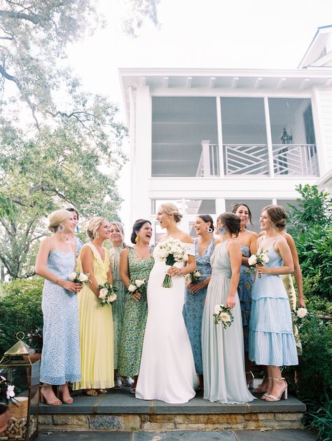 Blue Green Yellow Bridesmaid, Florida Bridesmaid Dresses, Tasha Oakley Wedding, Anthropologie Wedding Dresses, Blue Yellow Green Wedding Bridesmaid Dresses, Mismatched Bridesmaid Dresses Beach, Retro Summer Wedding, Multicolored Bridesmaids Dresses Summer, Blue And Green Bridesmaid Dresses