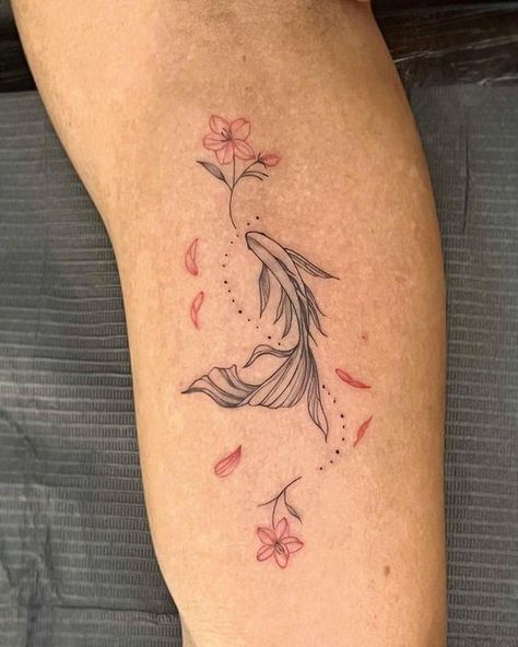 Womens Cherry Blossom Tattoos, Small Tattoos Koi Fish, Koi Fish With Roses Tattoo, Koi Fish Tattoo With Lotus Flower, Cherry Blossoms Tattoos For Women, Koi Sakura Tattoo, Ting Yang Fish Tattoo, Cherry Blossom Tattoo On Shoulder, Koi Cherry Blossom Tattoo