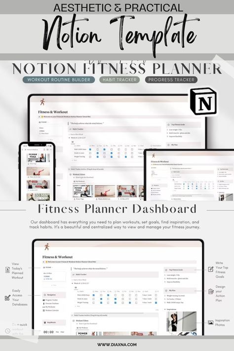 Ultimate Fitness Planning: Aesthetic Notion Template with Workout Journal, Weight Loss Tracker, and Self-Care Features by VisionaryVibesCo — DIAxNA Aesthetic Workout Planner, Aesthetic Dashboard, Planning Aesthetic, Aesthetic Notion Template, Workout Journal, Notion Aesthetic, Aesthetic Notion, Digital Dashboard, Project Management Templates