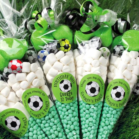 Football Sweet Cones, Girl Football Party, Boys Football Party, Soccer Baby Showers, Blue Sweets, Soccer Theme Parties, Sweetie Cones, Chocolate Footballs, Treat Cones